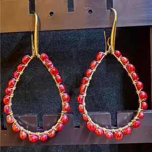 Red Barack Pearl, drop hoop earrings. Gold Verme and pearls.